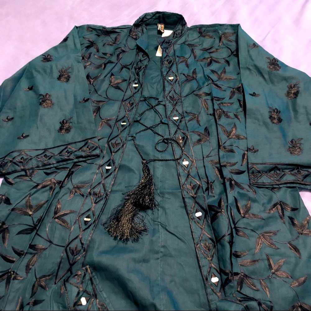 2 Piece Kurta & Gown Dark Teal Blue/Black Fully Embroidered Mirrors Tassels